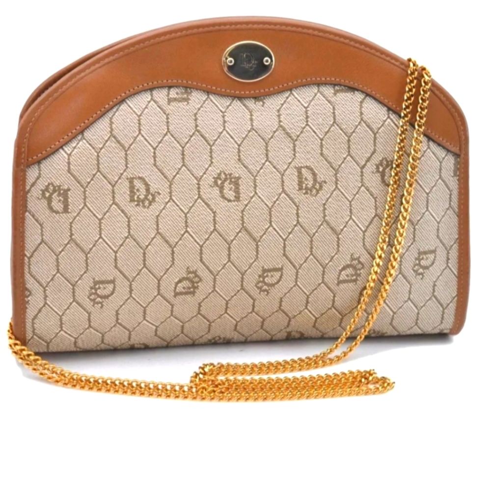 Christian Dior Honeycomb Chain Shoulder Bag Leather Beige